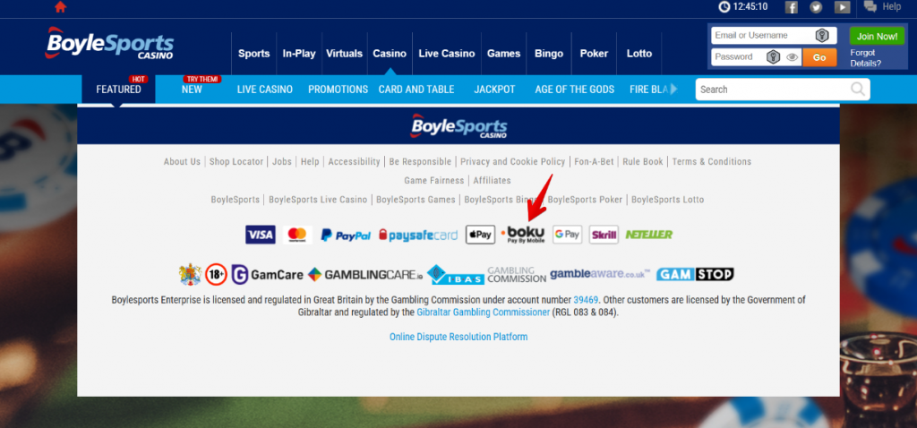 Boku payment option at Boylesports