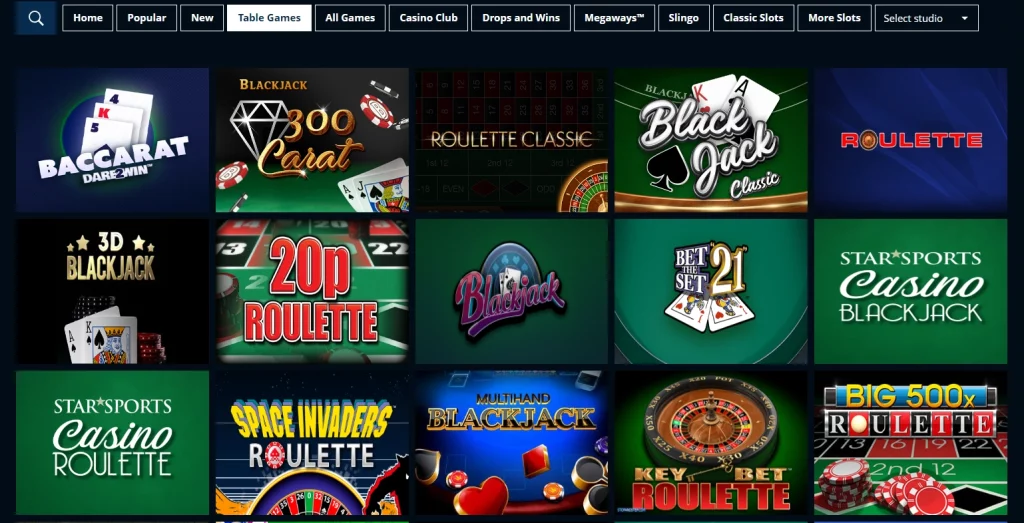 Table games section in Starsports casino