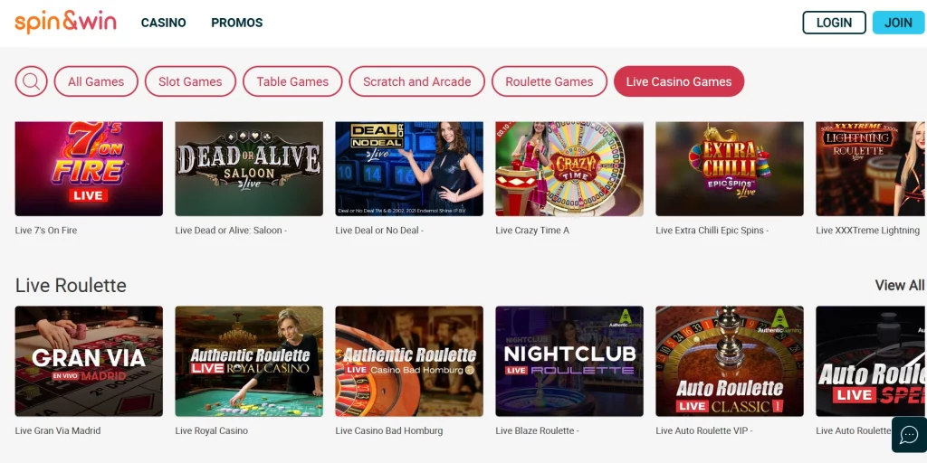 Live casino titles at Spin & Win