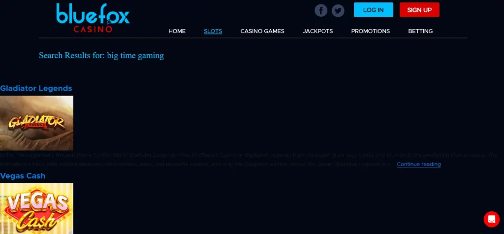 Big Time Gaming games on Bluefox website