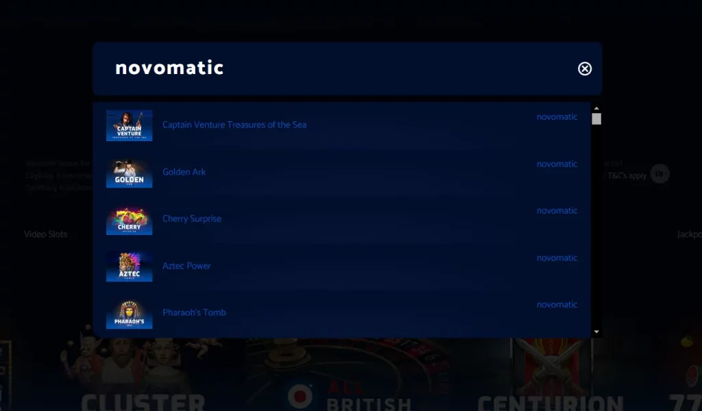 Novomatic games in All British Casino