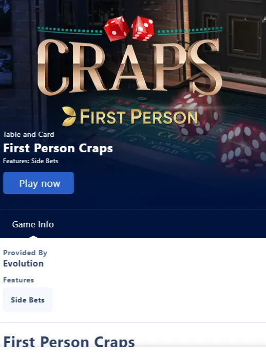 First Person Craps Info at William Hill