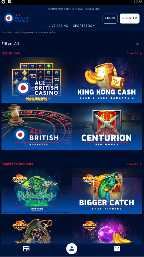 Main page of All British Casino