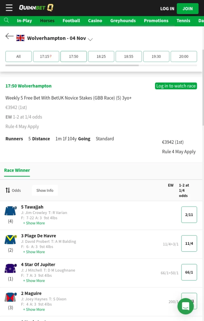 QuinnBet Horse Racing Page