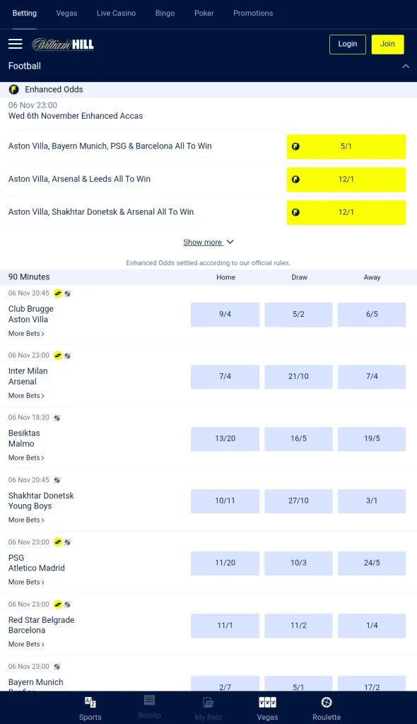 William Hill App Football Markets page