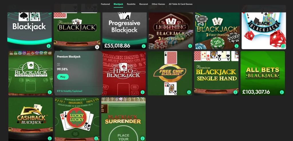 Virtual Blackjack tables at Bet365