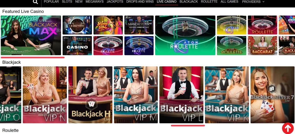 Live casino catalogue